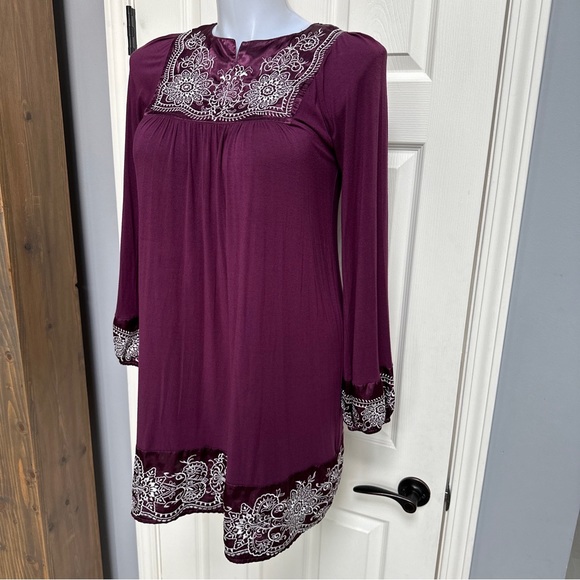 FOR JOSEPH Purple Embroidered Floral SATIN YOKE Boho Flowy Shift L/S Dress Sz M - Picture 3 of 10